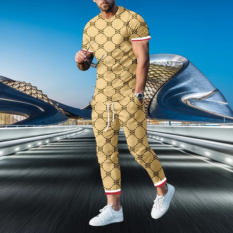 2023 Luxury Casual Men’s Tracksuit 2 Piece Set 3D Printed Summer Oversized Short Sleeve T-Shirt+LOng Pants Street Clothing