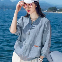 100 cotton linen thin womens jacket short linen loose breathable jacket woman 2022 summer new fashion and leisure coat top