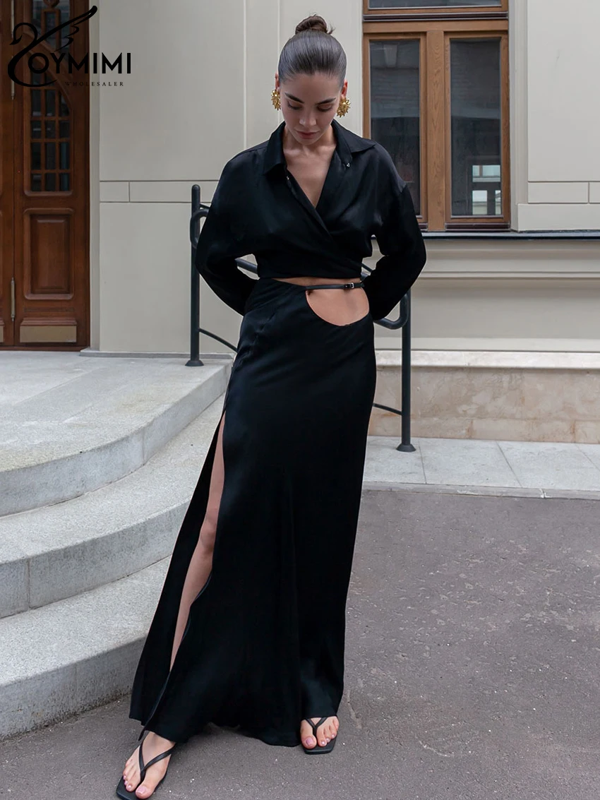 

Oymimi Sexy Loose Black Satin 2 Piece Sets Women Outfit Fashion Long Sleeve Crop Top With High Waist Hollow Out Slit Skirts Set