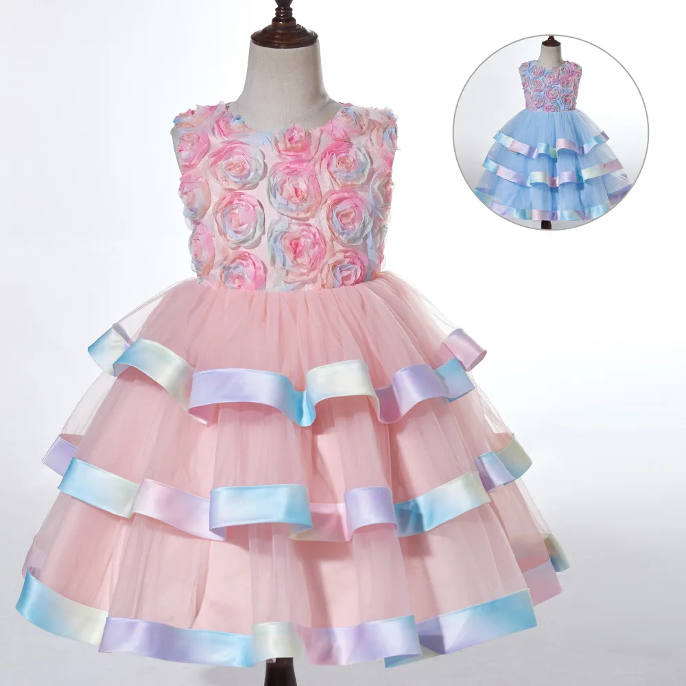 ELBCOS детское разноцветное платье с рисунком цветов розы без рукавов в виде торта