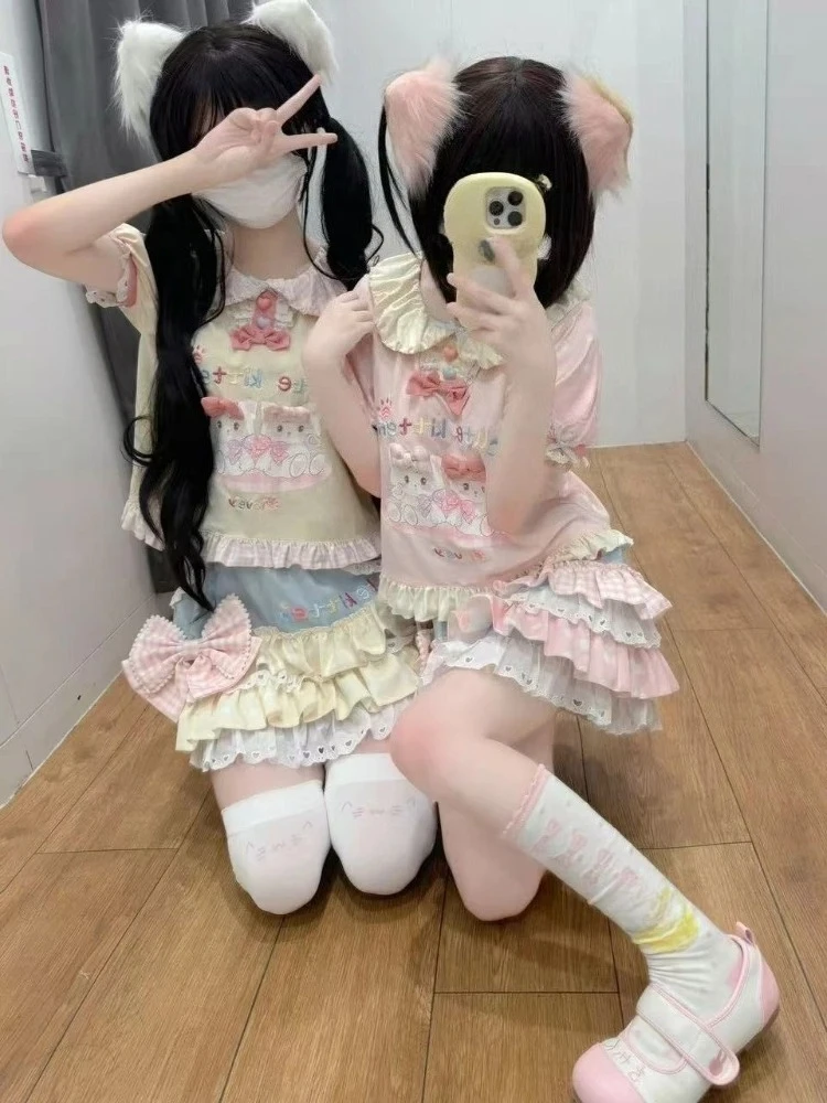 Фото Японские футболки Kawaii, женские повседневные укороченные топы Y2k, милые футболки в стиле Лолиты, дизайн для девочек, одежда, футболки с короткими рукавами, верхняя одежда, шикарная одежда №3