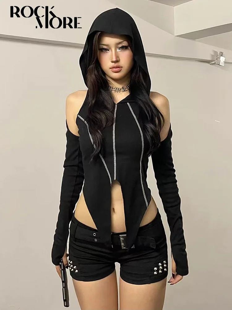 

Rockmore Black Hoodie and Long Sleeve Goth Sexy Stitch Crop Top Punk Streetwear Y2K Women Hooded T Shirt Grunge Fairycore 2023