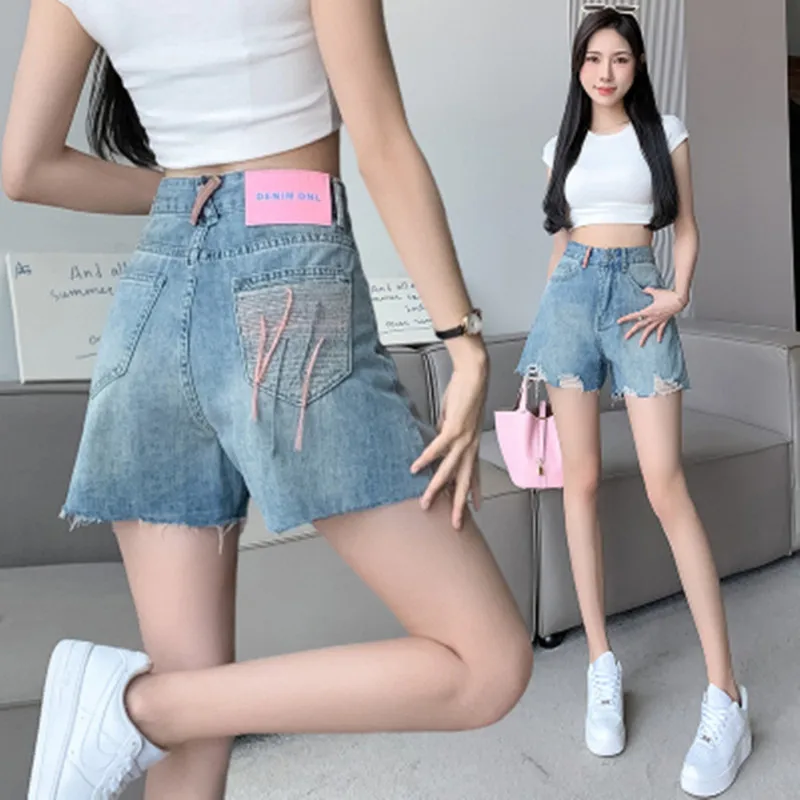 BULOCHOVA New Fashion Summer Blue High Waist Loose Hole Denim Shorts Women Wide Leg Hot Short Pants Jeans Female Large Size 2023