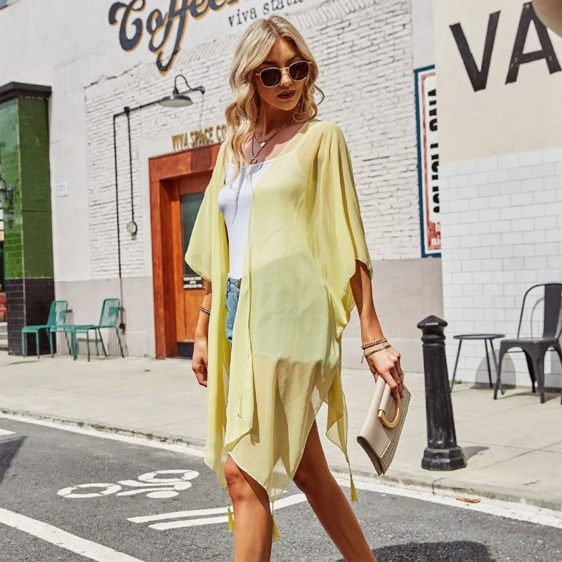 

Женский кардиган с открытой передней частью и кисточками, бикини, кимоно с коротким рукавом Ins 24BD