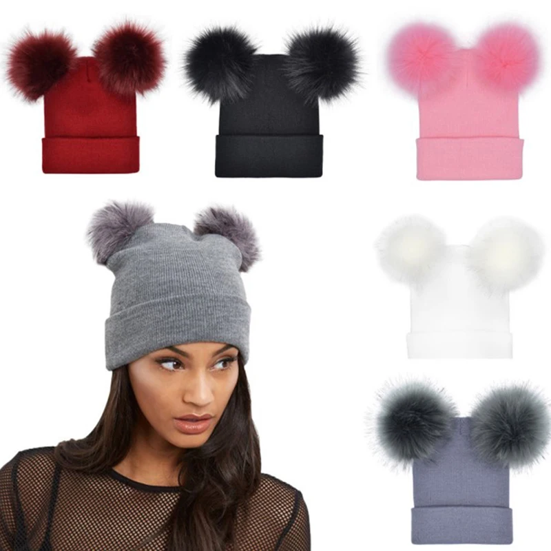 

2022 Autumn New Women Faux Fur Pompom Hat Female Winter Warm Cap Knitted Beanie Girl Double Ball Pom Pom Hats Woman Bonnet Femme