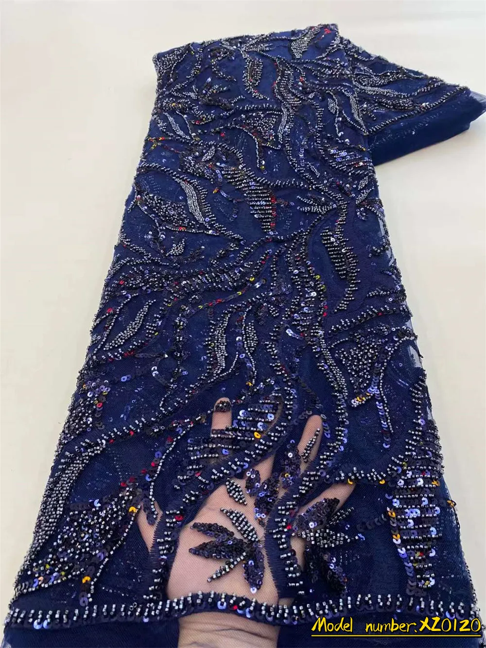 

Luxury African Sequin Navy Blue Lace Fabric 2023 High Quality Lace Heavy Beaded Skin Friendly Net Lace Fabric For Wedding Dress
