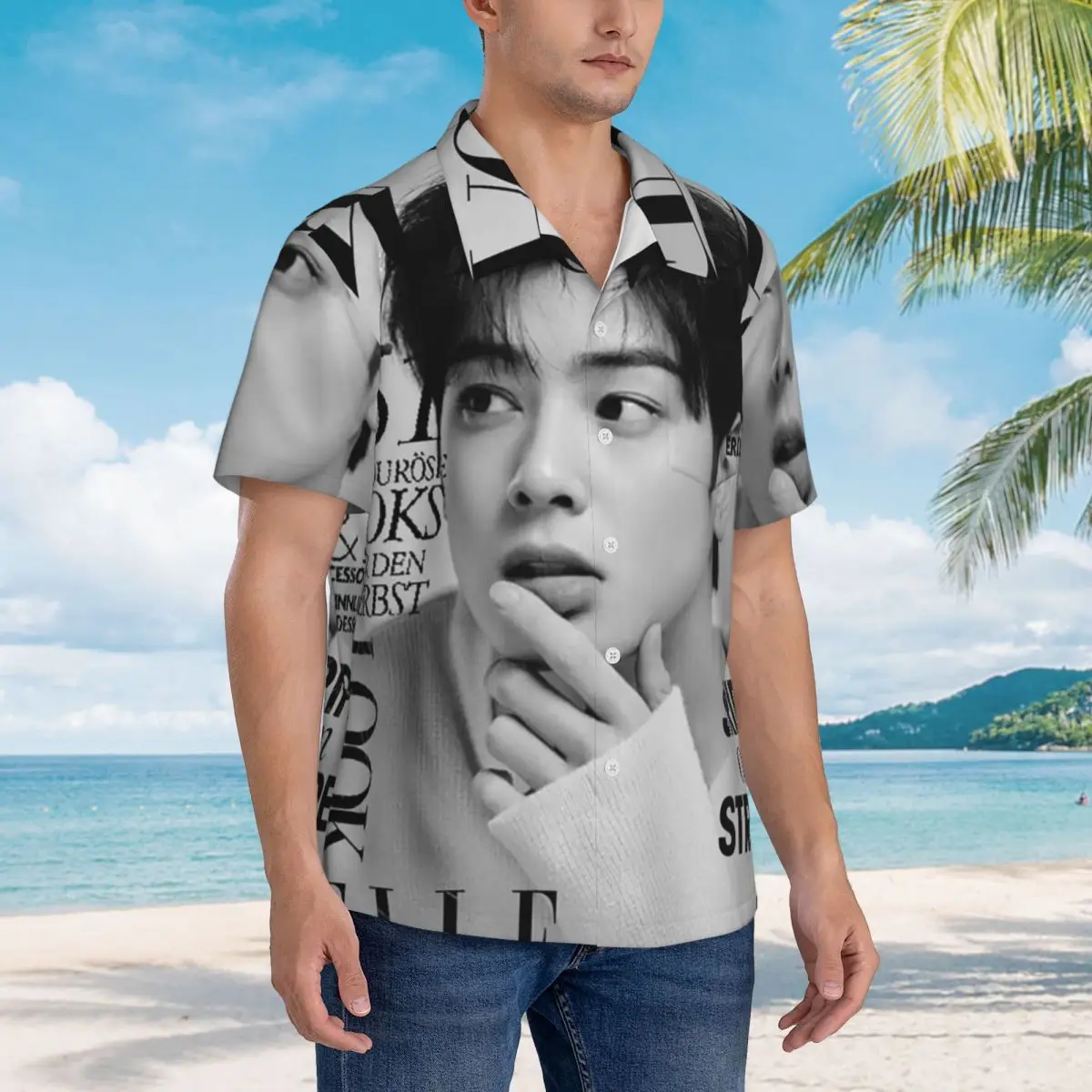 Фото Мужская модная гавайская рубашка Cha EunWoo Kpop Astro с коротким рукавом для лета и пляжа, с отложным воротником №1