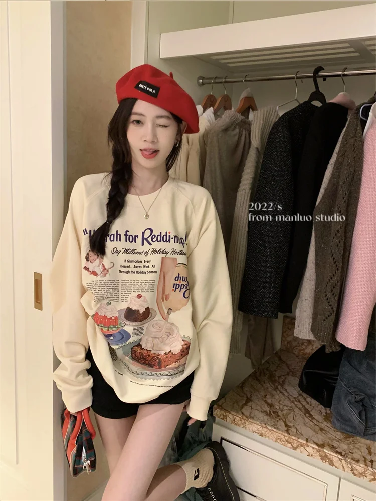 Print Korean Cake Fashion Burger Pullovers Crewneck Sweatshirt Women Long Sleeve Casual Aesthetic Top Thin Autumn Gothic Clothes