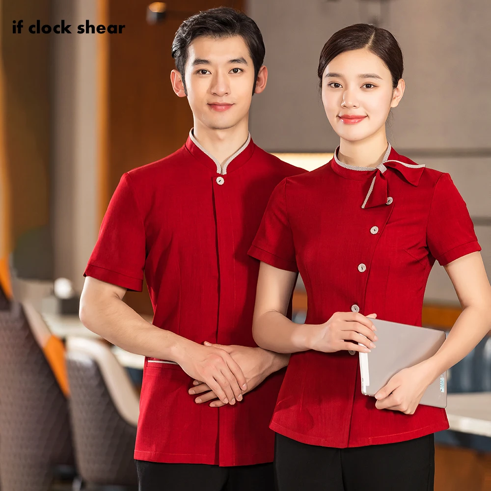 Uniformes de camarero chinos, ropa de camarero de Hotel, Tops de camarero de verano, camisa de ropa de servicio de trabajo de Hotel, uniformes de Spa de belleza