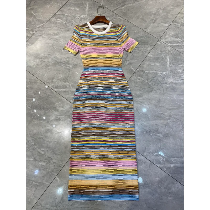 Formal Temperament 2023 Spring and Summer New Collision Striped Design Round Neck Short-sleeved Senior Ice Silk Dresses Clothing
