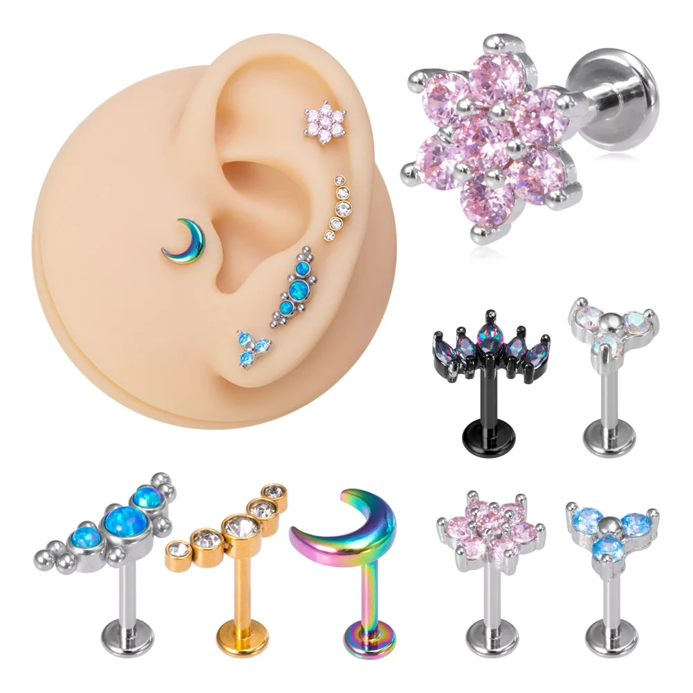 

1Pc 16g Zircon Geometry Lip Labret Piercing Crystal Ball Monroe Lip Stud Helix Tragus Conch Piercing Cartilage Women Earrings