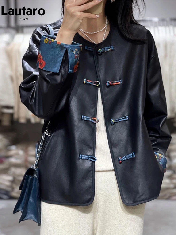 

Lautaro Spring Autumn Chinese Style Pu Leather Jacket Women with Chinese Kont Long Sleeve Elegant Luxury Designer Clothes 2022
