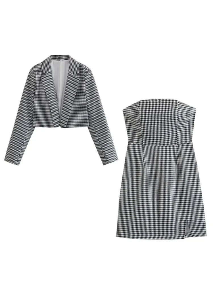 

Vintage Houndstooth Blazer Two Piece Set For Women Fashion Lapel Short Coat Strapless Skirt Suit 2023 Summer Lady Chic Outfits