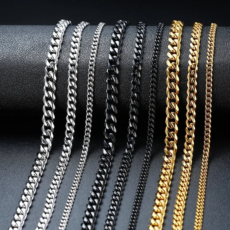 

Hot-sale Curb Cuban Link Chain Chokers Basic Punk Stainless Steel Necklace For Men Women Vintage Black Gold Tone Solid Metal