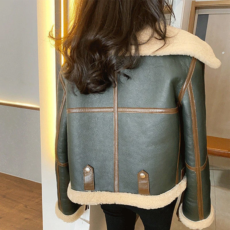 Ardm Casual Winter Thick Vintage Faux Leather Green Jacket Zipper Warm Splice Lambswool Biker Coat Women Female Crop Outerwear