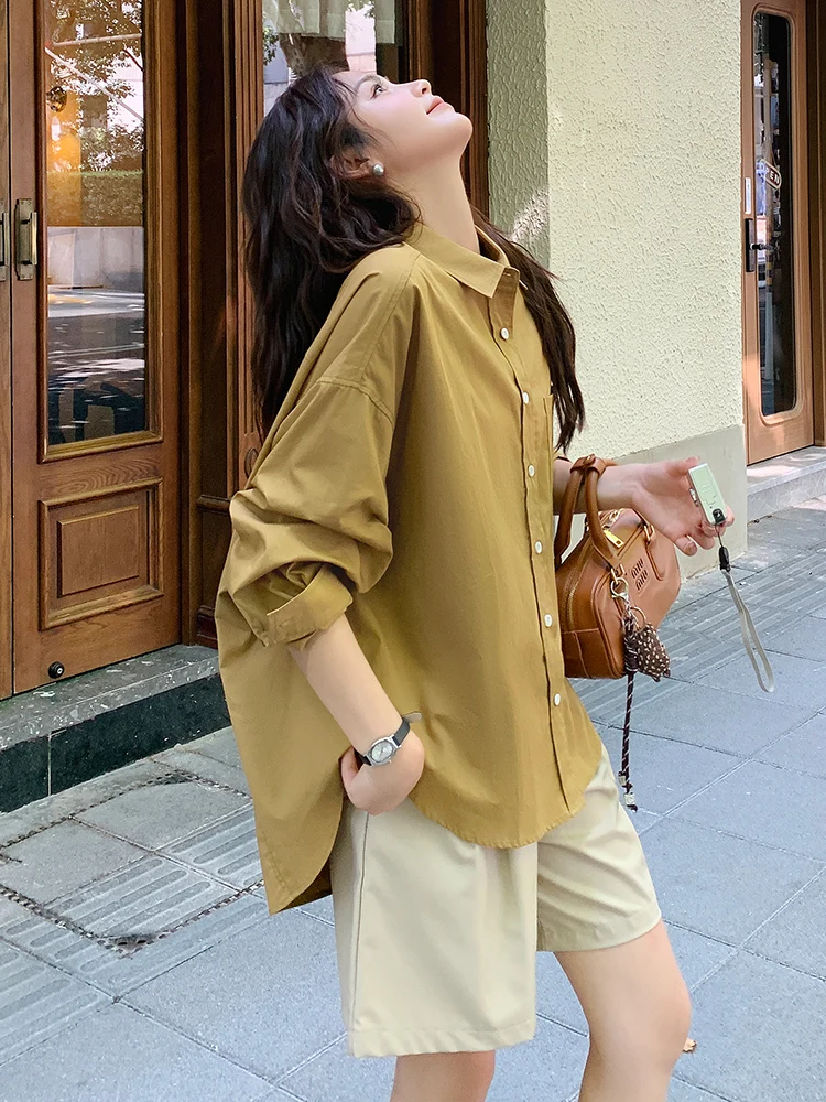 Популярные в этом году желтые рубашки из чистого хлопка женские весенне-осенние