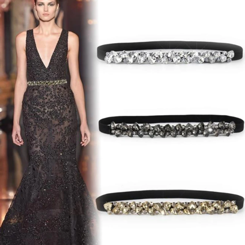 

Rhinestone Elastic Belt For Women Dresses Full Crystal Gem Black Female Waist Belt For Coats Down Fashion Pu Ladies Belt