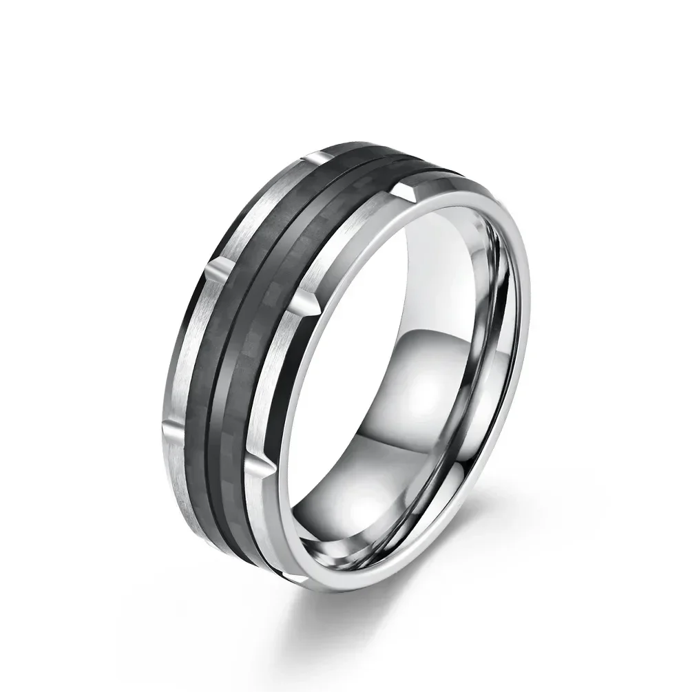 Classic Men's 8mm Double Groove Beveled Edge Blue Tungsten Wedding Rings Brick Pattern Brushed Black Carbon Fibre Ring For Men