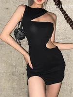 inclined shoulder black y2k bodycon dress for women party clothes vestido feminino sleeveless hollow out mini sexy woman dress