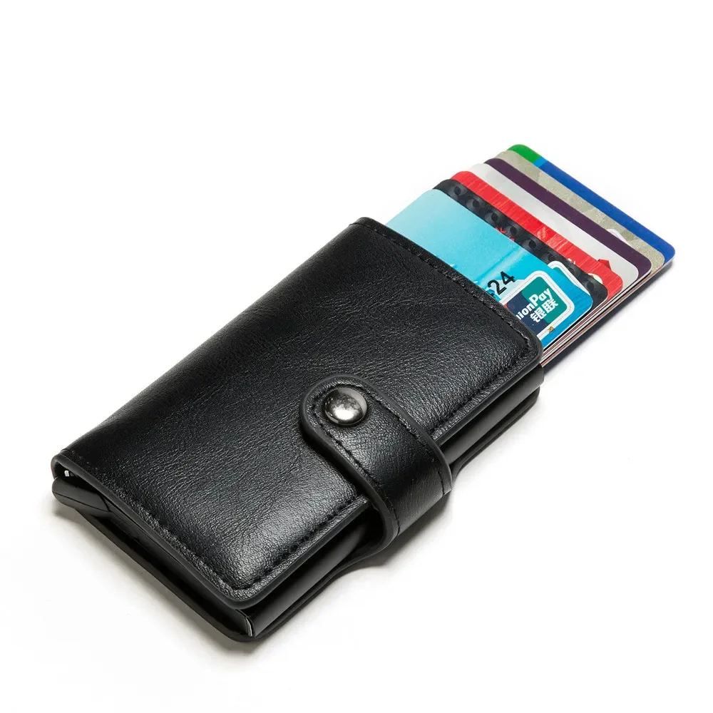 Blocking Vintage Men Credit Card Holder Aluminum Alloy ID Card Case Automatic Male Metal Leather Cardholder Wallet 2022 New