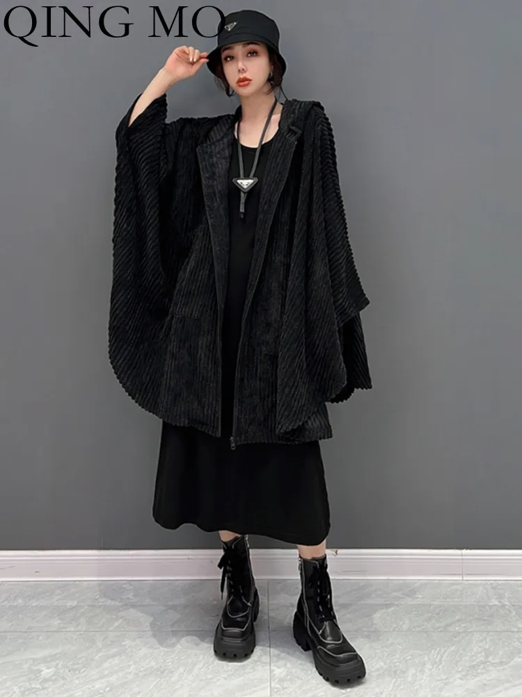 

QING MO 2023 Spring Autumn New Korean Fashion Trend Hooded Corduroy Bat Sleeved Medium Length Coat Women ZXF984