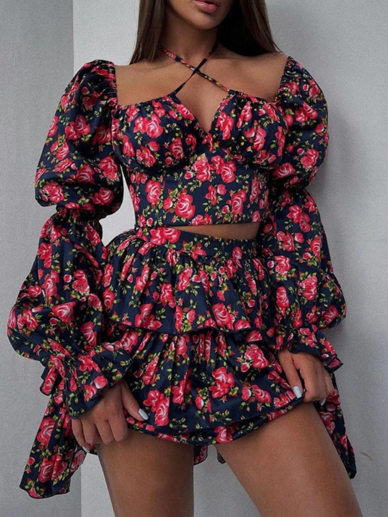 

2023 Sexy Girls Floral Print Two Piece Sets Streetwear Fashion Long Sleeve Halter Cropped T-shirt+Ball Bubble Skirt Dresses Set