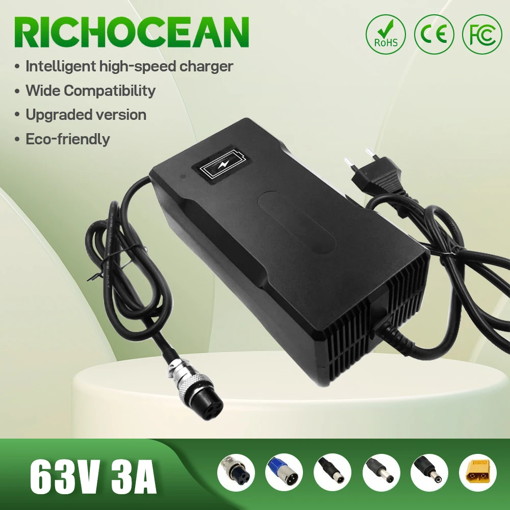 

RICHOCEAN Intelligent 63V 3A Lithium Battery Charger for Electric Tool Robot Electric Car Li-on Battery 55.5V