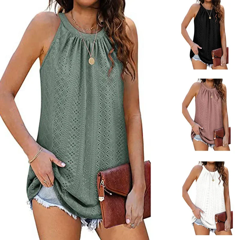 

Summer Women Sleeveless Suspender Tank Top Solid Color Pleated Hollow Casual Loose T-shirt Sexy Sling Y2k Tops Streetwear