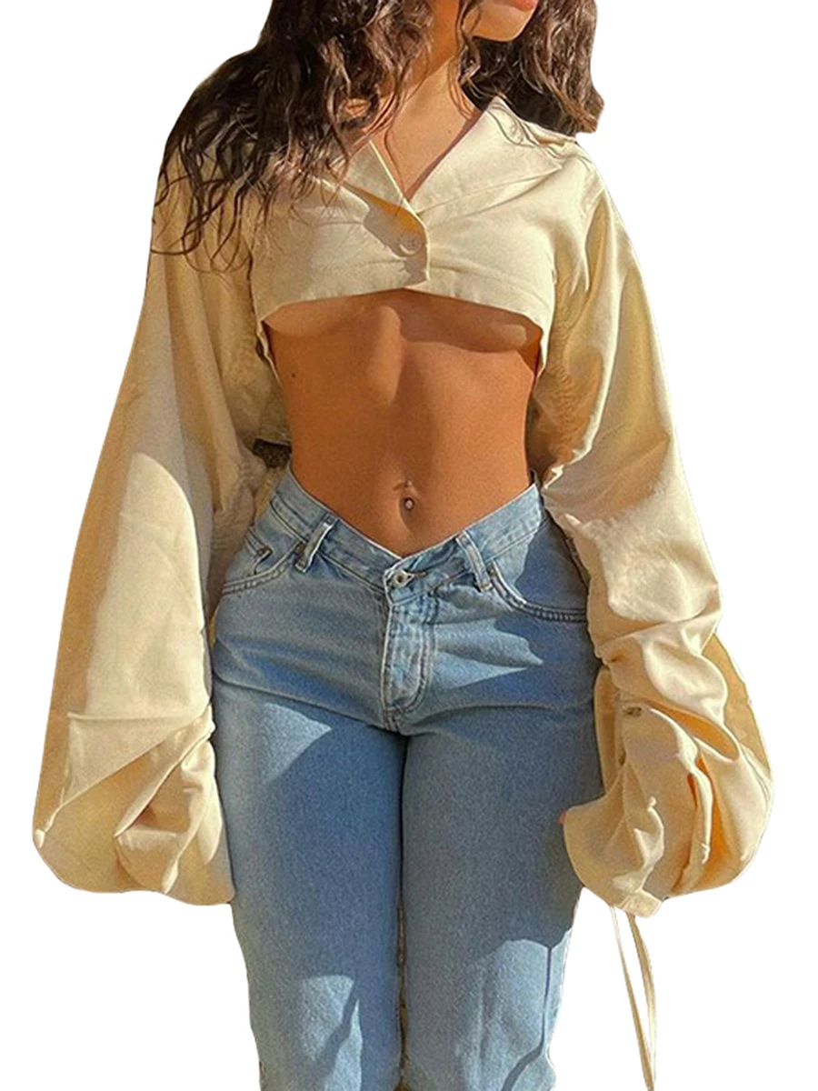 

Женский укороченный Топ с длинным рукавом, V-образным вырезом и рукавами-фонариками