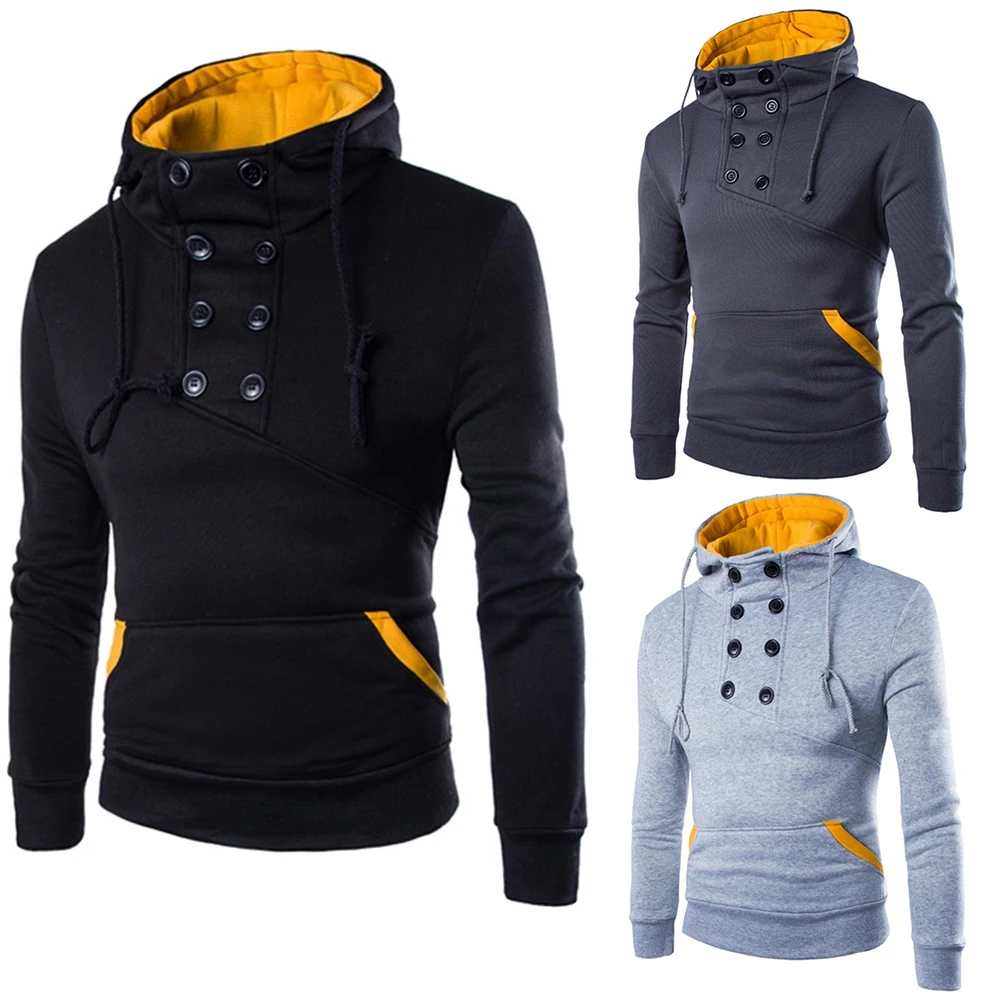 

Fashion Men Hoodies Double-breasted Slim Sweatshirt Long Sleeve Splicing Pullover Autumn Winter Chic Tops Clothing