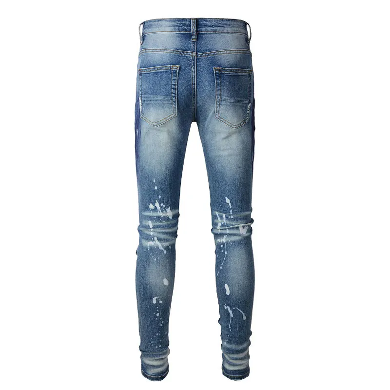Fashion Streetwear Men Jeans Retro Blue Stretch Elastic Painted Slim Ripped Jeans Men Patch Designer Brand Hip Hop Pants Hombre
