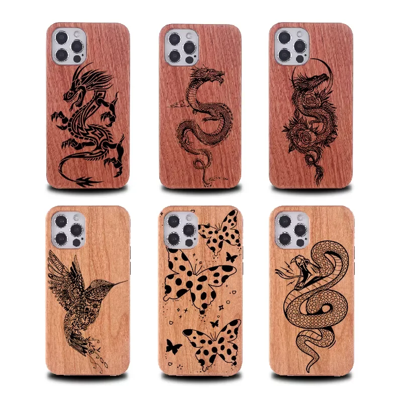

Engraved Dragon Wood Phone Case For iPhone 11 12 13Pro Max 7 8Plus XR XS Max Silky Texture Original Phone Cover Coque