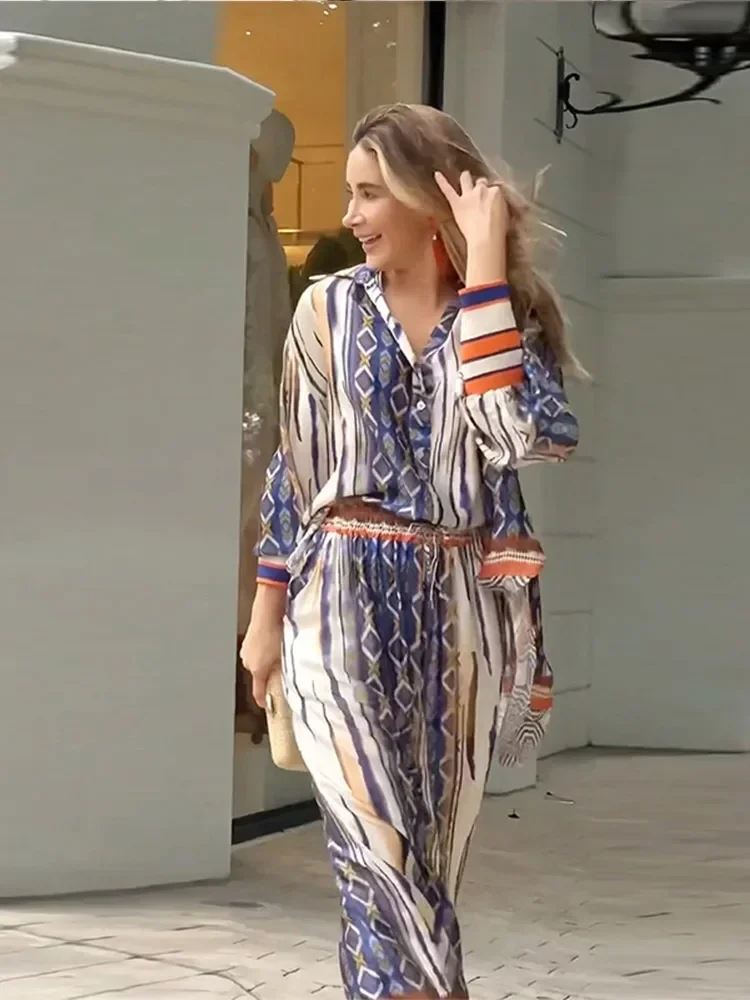 2024 Брючный костюм-рубашка с принтом женские однобортные свободные рубашки