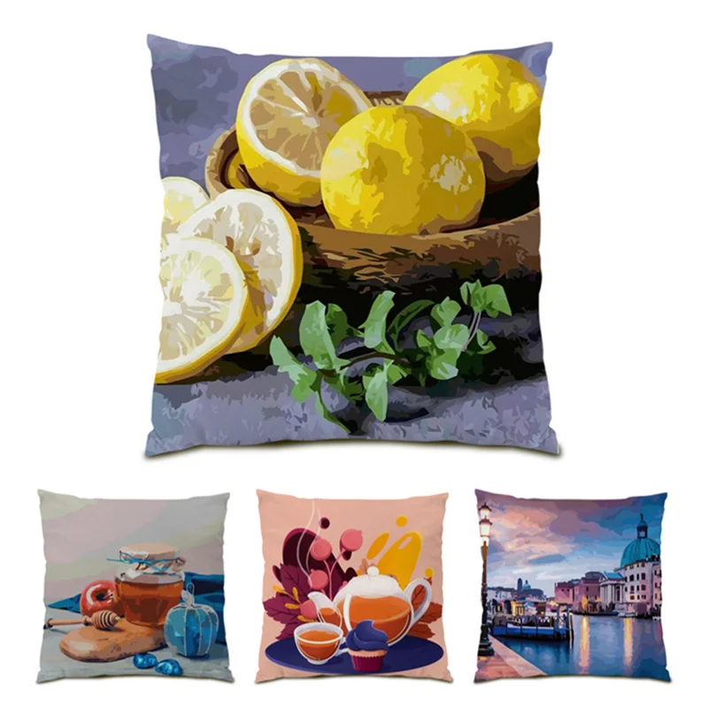 

New Print Velvet Decorative Cushion Cover Polyester Linen Nature Landscape Pillowcase European Style Home Accessories Gift E1149
