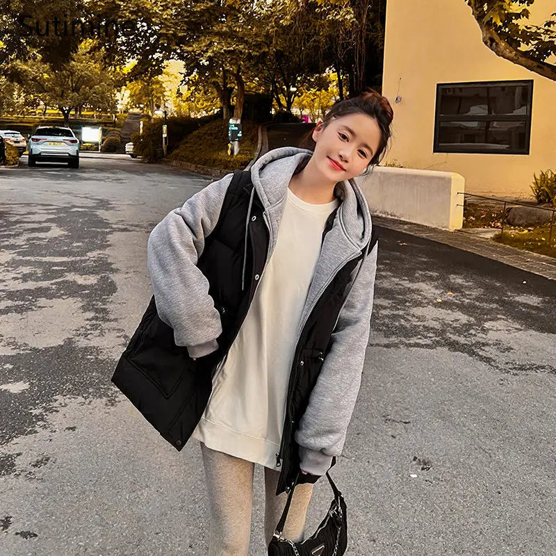 Winter Clothes Women Office Lady Button Loose and Fake Two-piece Thick Hooded Patchwork Coat Pockets Zipper  Coat Women