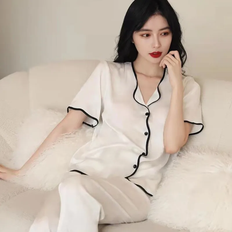 Spring Summer Silk Pajamas Women's Short-Sleeved Trousers Suit Large Size Loose Pure Color Ruffles Ice Silk Leisure Homewear