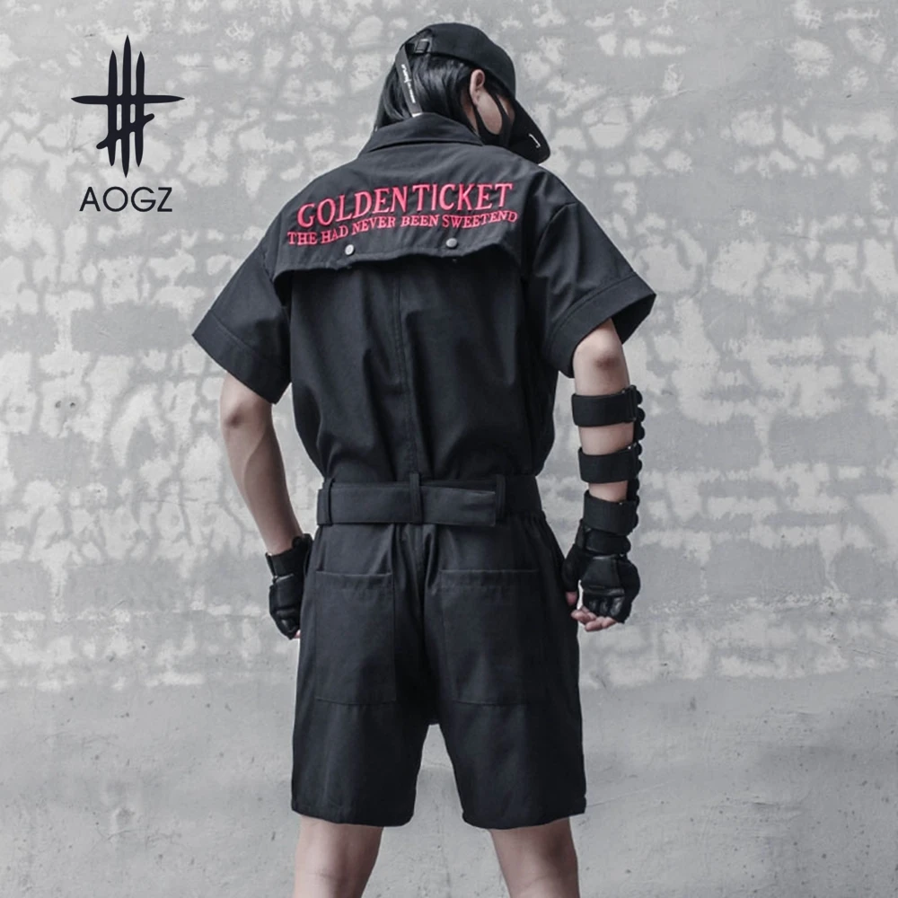 AOGZ Punk Short Rompers Overalls Men Hip Hop Harajuku Casual Elastic Waist Knee Length Cargo Shorts Summer Overalls Techwear
