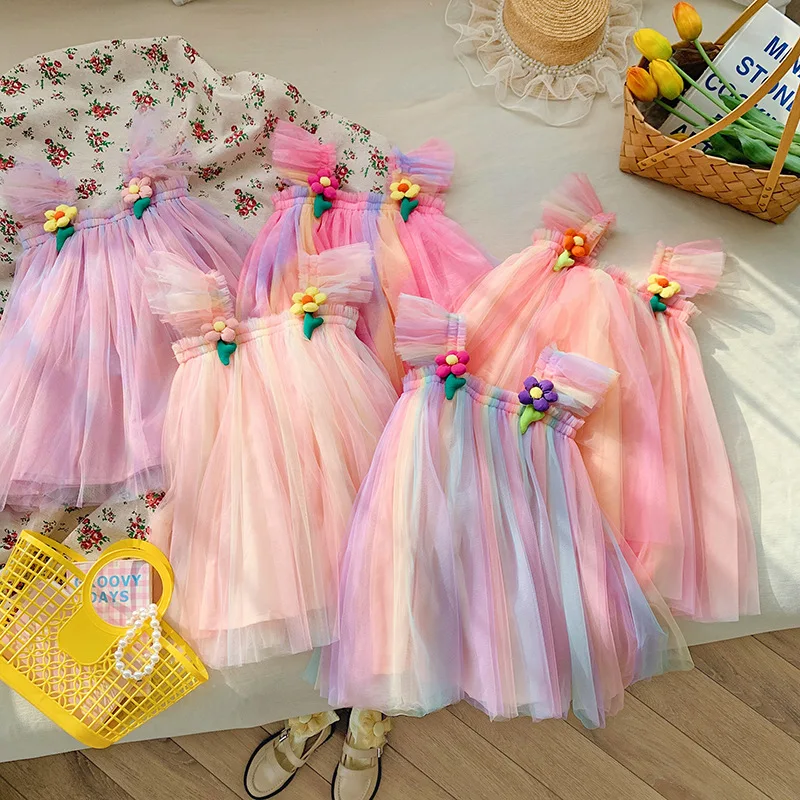 

Children's Wear Rainbow Mesh Girls' dress Summer Three-dimensional Flower Girls' Princess Skirt