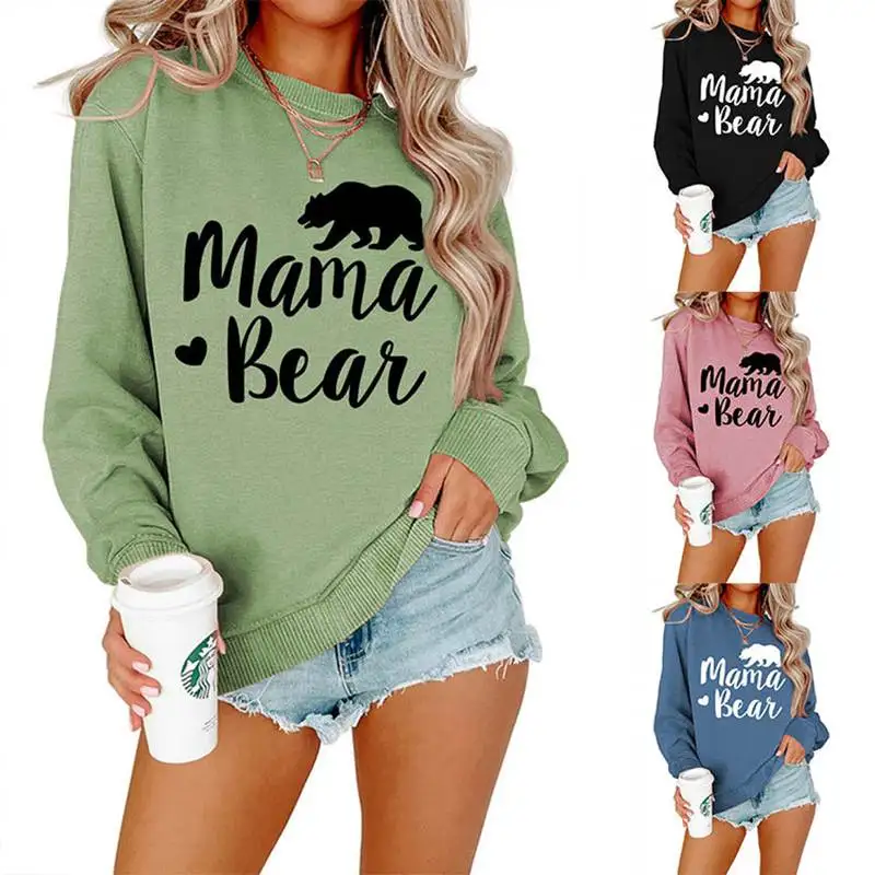 New winter mamabear bear print loose retro round neck fashion casual long-sleeved women's sweater