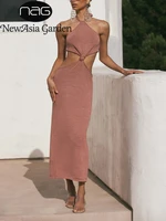 newasia knitted summer dress halter tie up spaghetti strap elastic pink long beach dress woman sexy chic party club vestido 2021