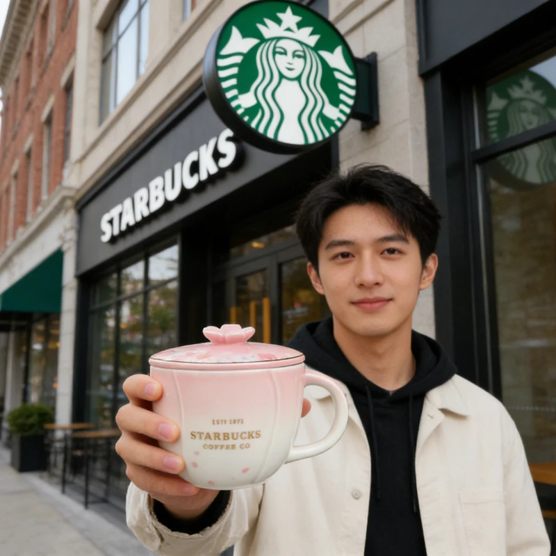 Фото Керамическая кружка Starbucks с дизайном цветущей сакуры, элегантный узор вишневого цвета, красивая кофейная чашка для дома, офиса и в качестве подарка. №5