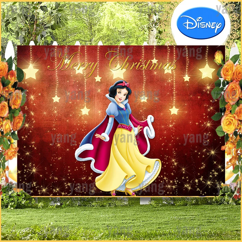 Enlarge Disney Golden Pentagram Photo Backdrop Princess Lovely Snow White Colorful Glitter Christmas Party Custom Backgrounds Banner