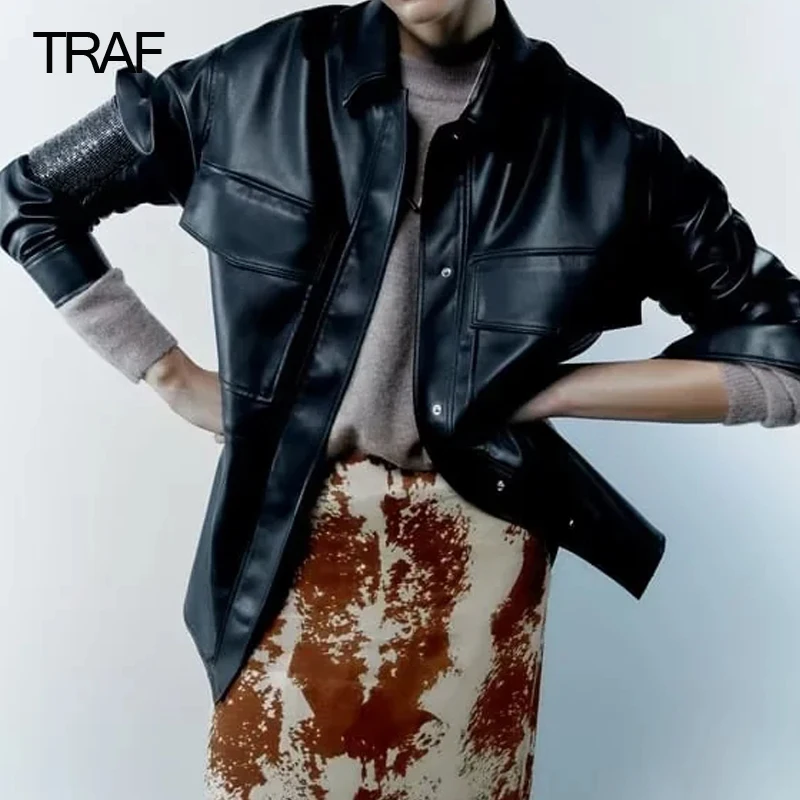 

Куртка женская из искусственной кожи, с длинным рукавом и карманами