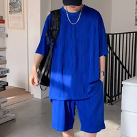 summer pleated sets men fashion 3 color casual ice silk sets mens loose casual short sleeved t shirtshorts two piece set men