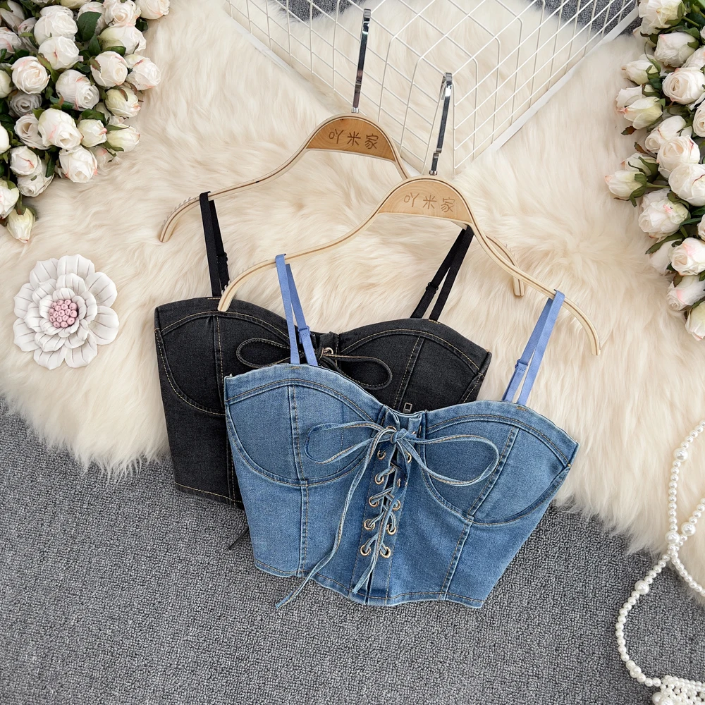 

Fashion Lace-up Hot Girl Sexy Tube Strapless Top Denim Camisole Women's Outer Wear Western Style Back Zipper Crop Tops Feminina