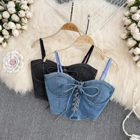 fashion lace up hot girl sexy tube strapless top denim camisole womens outer wear western style back zipper crop tops feminina