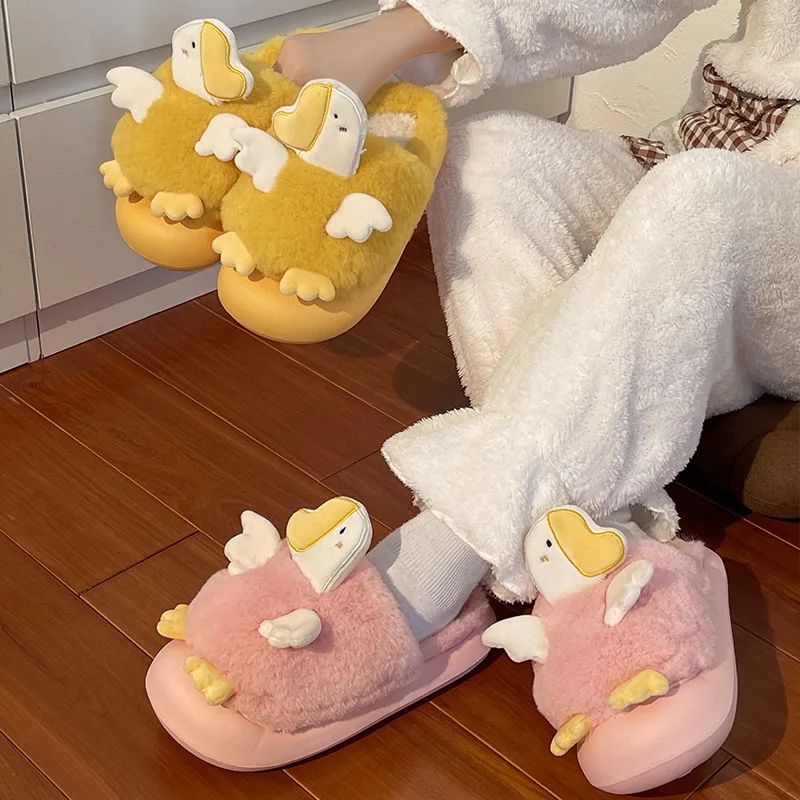 Winter Plush Platform Fur Slippers Women Cartoon Ladies Home Thicked Bottom EVA Wedges Ladies Slippers Warm Shoes