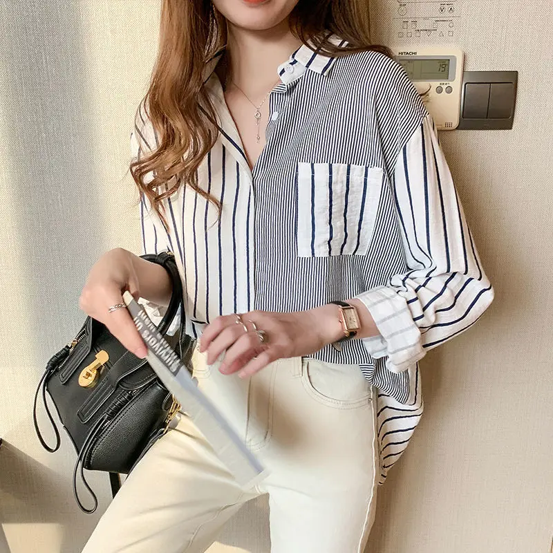 Women Office Work High Quality Patch Single Pocket Shirt Fashion Striped Chic Button-down Collar All-match Streetwear Loose Tops