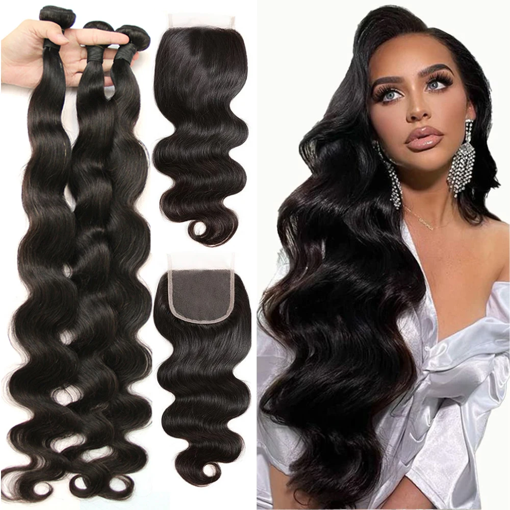 Transparent Lace 32 34 36 inches Brazilian Body Wave Bundles Human Hair Weave With 4x4 Closure Hair Extensions For Black Women