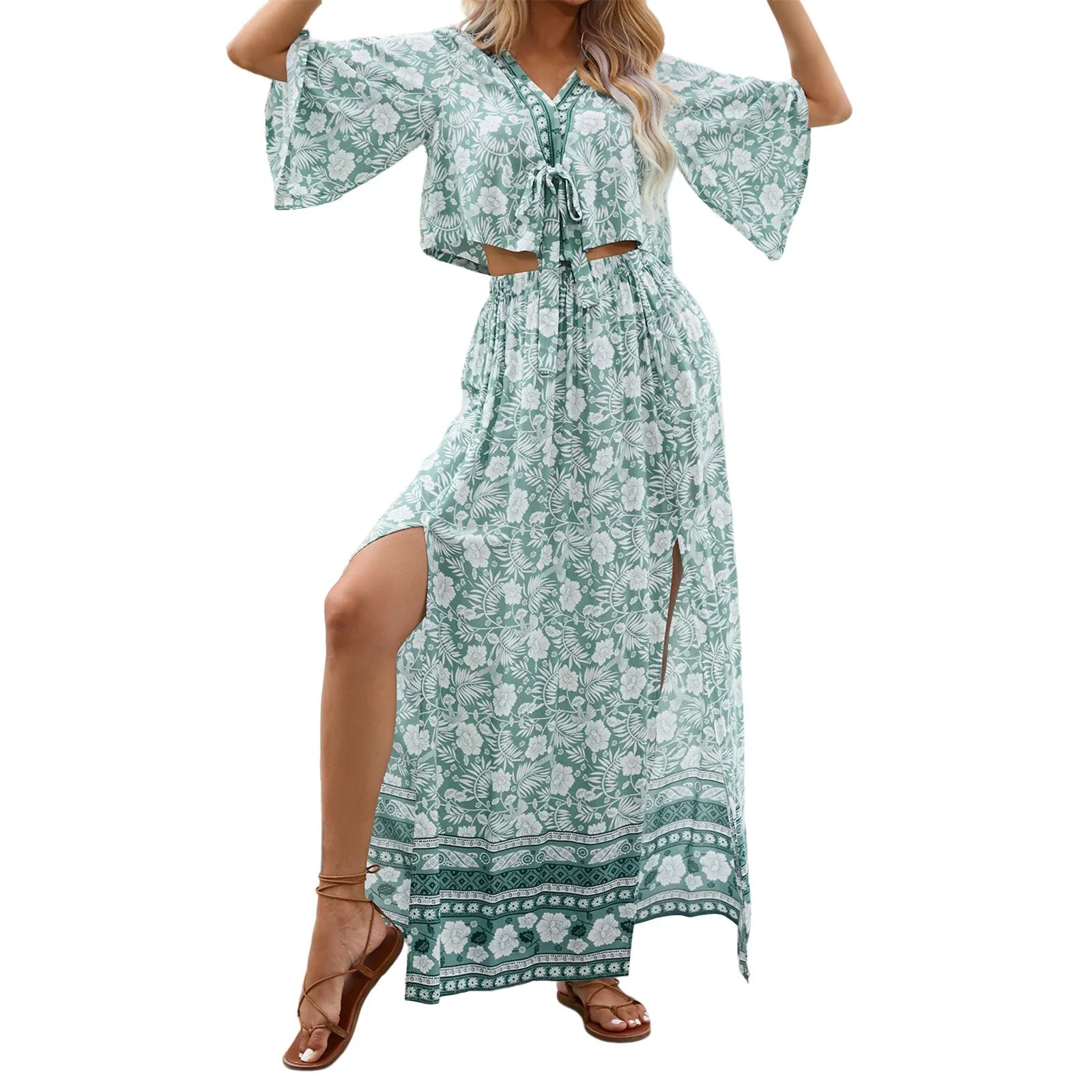 

Womens Long Sleeve Pocket Dress Women Flower Printed Slits Elegant Dress With Belt Fashion Party Festive Cocktail Dresses Summer